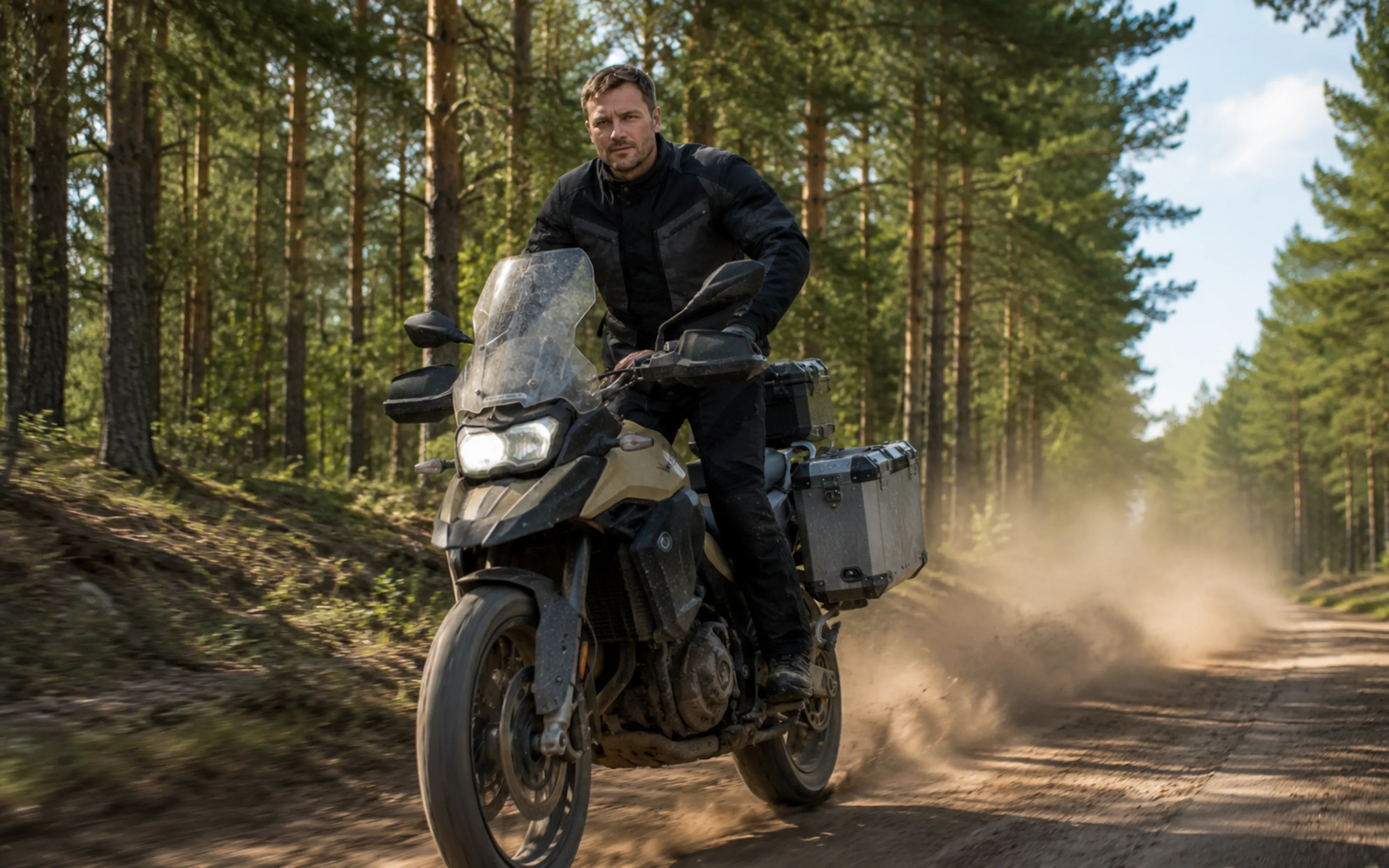 Константин Александрович Буряченко едет на adventure мотоцикле по грунтовой лесной дороге